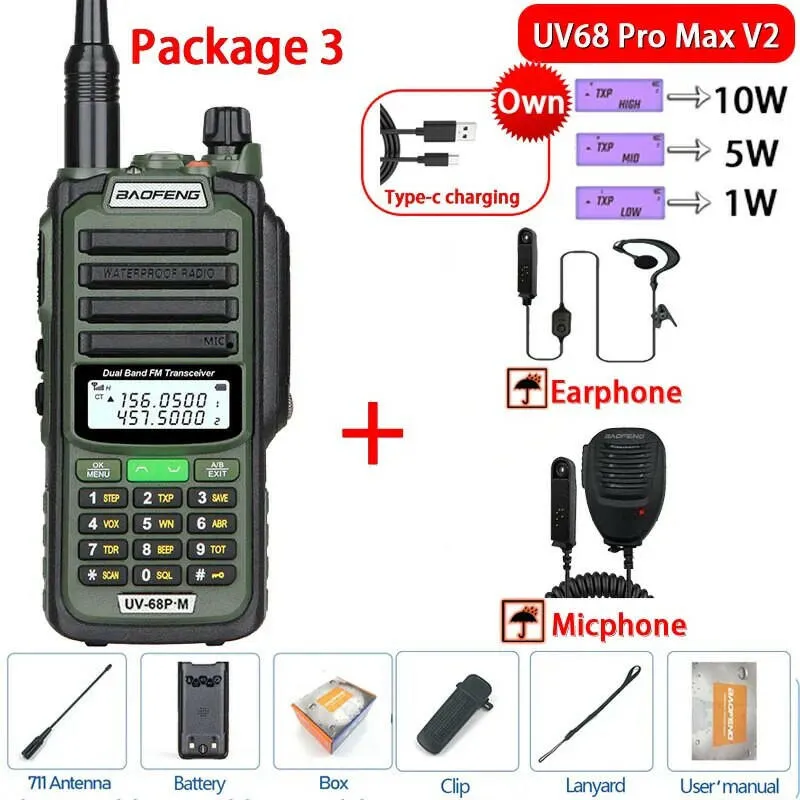 2023 Baofeng UV-68 Pro Max V2 10W IP68 Walkie Talkie Waterproof High Power CB Ham Long Range UV68 portable Two Way Radio hunting