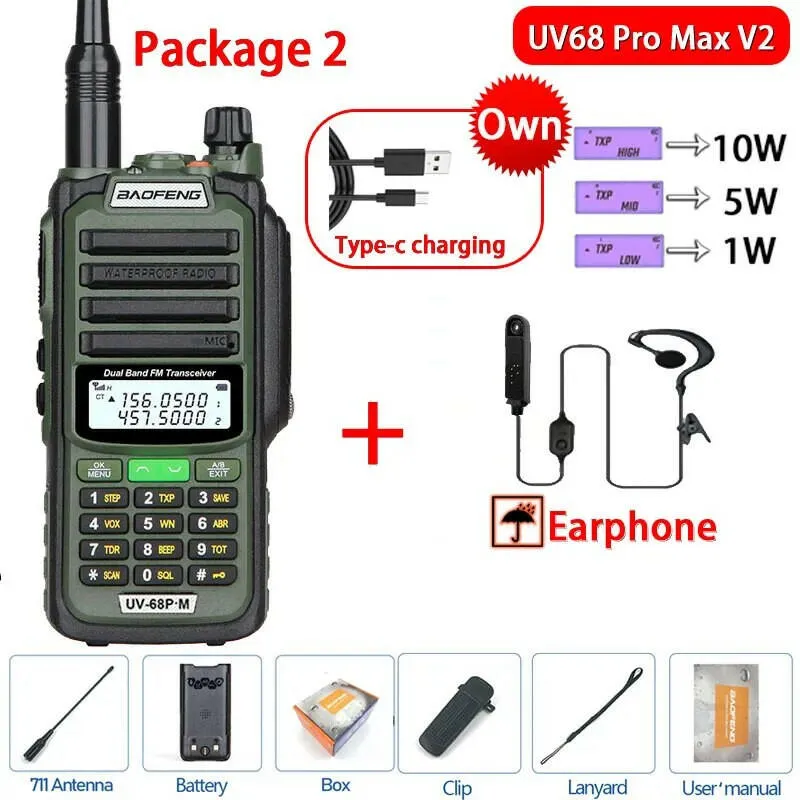 2023 Baofeng UV-68 Pro Max V2 10W IP68 Walkie Talkie Waterproof High Power CB Ham Long Range UV68 portable Two Way Radio hunting