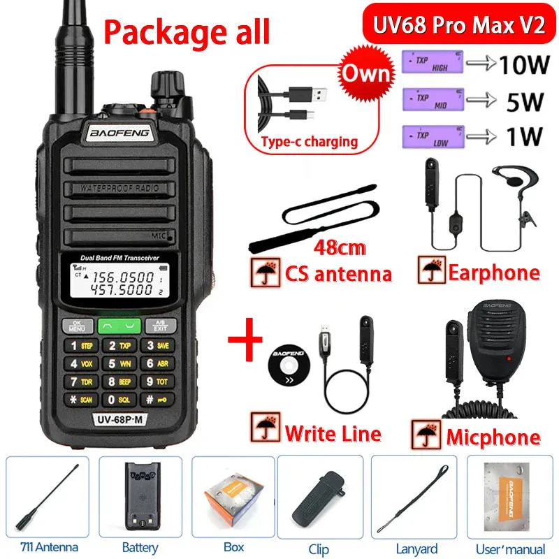 2023 Baofeng UV-68 Pro Max V2 10W IP68 Walkie Talkie Waterproof High Power CB Ham Long Range UV68 portable Two Way Radio hunting