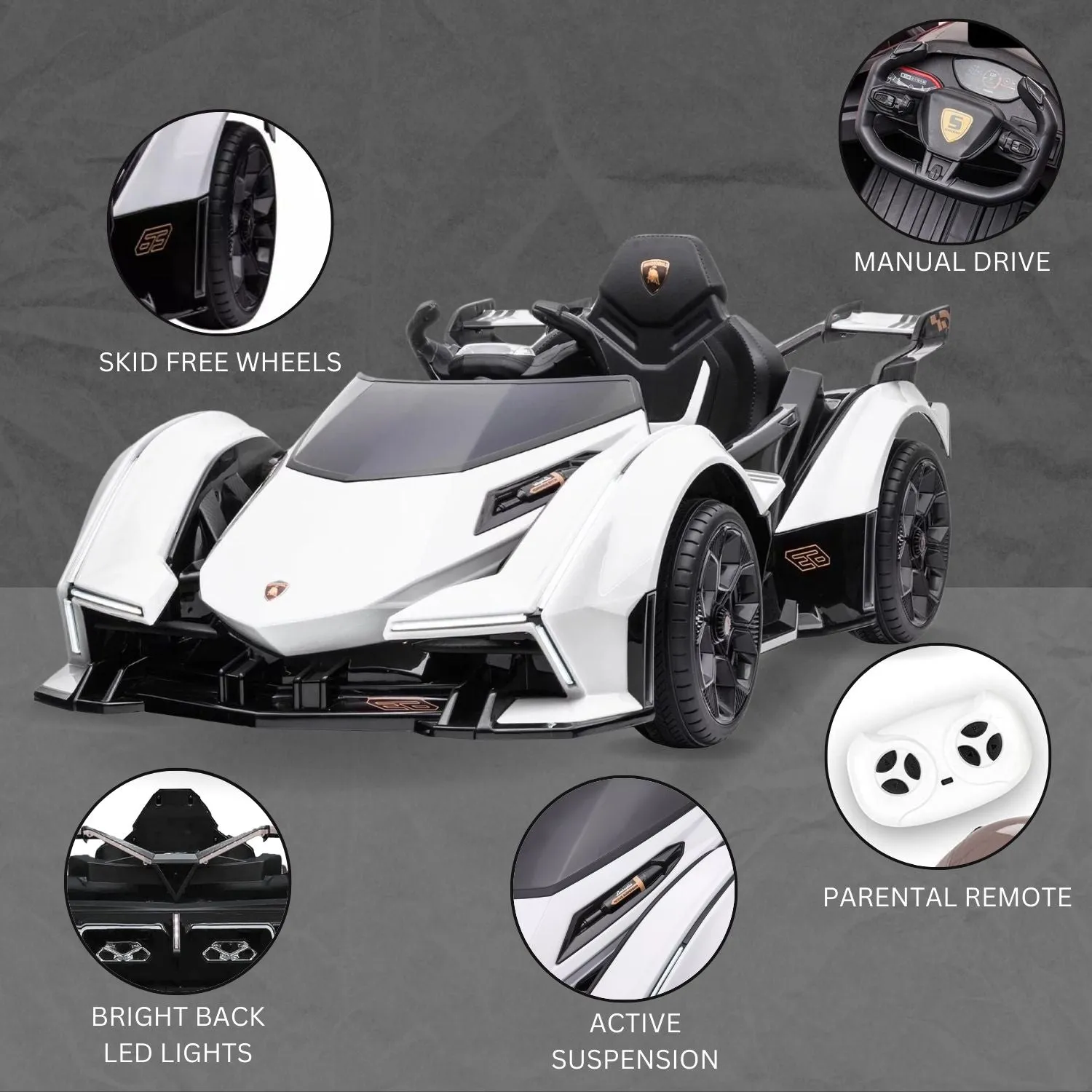 Baby Moo Lambo Ride-On Sports Car | 12V Kids Electric Toy Vehicle | Parental Remote Control | USB MP3 Player | Ages 1-6 - White