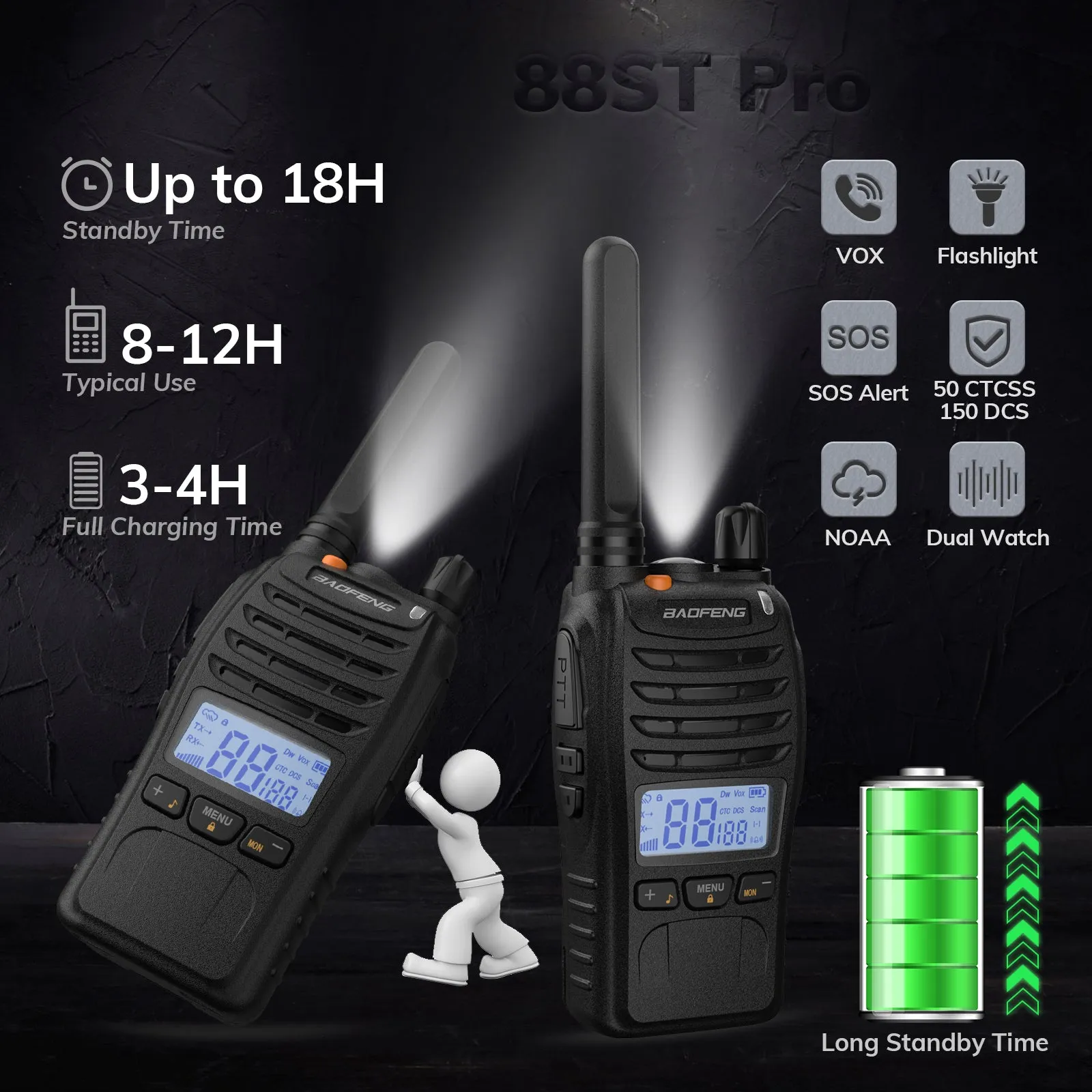 Baofeng BF-88ST Pro [3 Pack] FRS Radio | License-Free | NOAA | VOX | Dual Watch | USB Charger