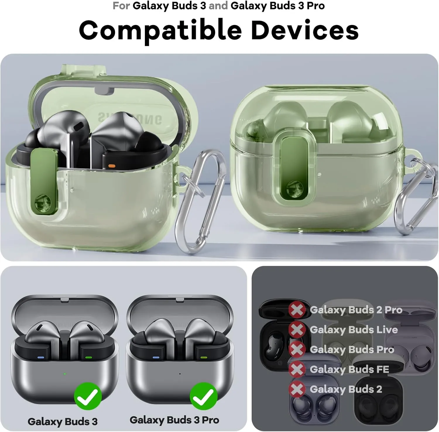 Samsung Galaxy Buds3 Case & Galaxy Buds 3 Pro Case Cover |Anti-drop Anti-scratch Lock Clip Flexible TPU Clear Protection Case with Carabiner-Green