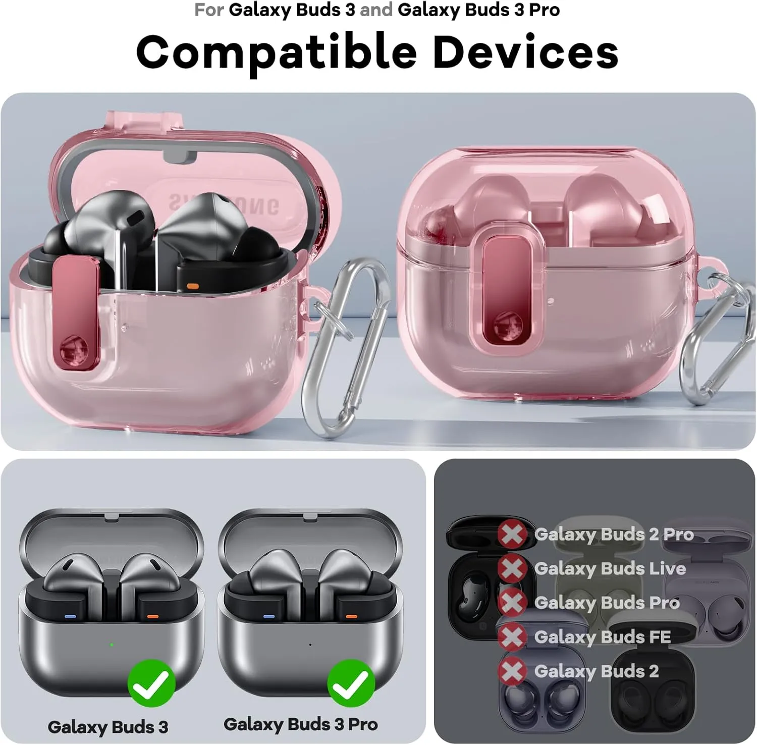 Samsung Galaxy Buds3 Case & Galaxy Buds 3 Pro Case Cover |Anti-drop Anti-scratch Lock Clip Flexible TPU Clear Protection Case with Carabiner- Pink