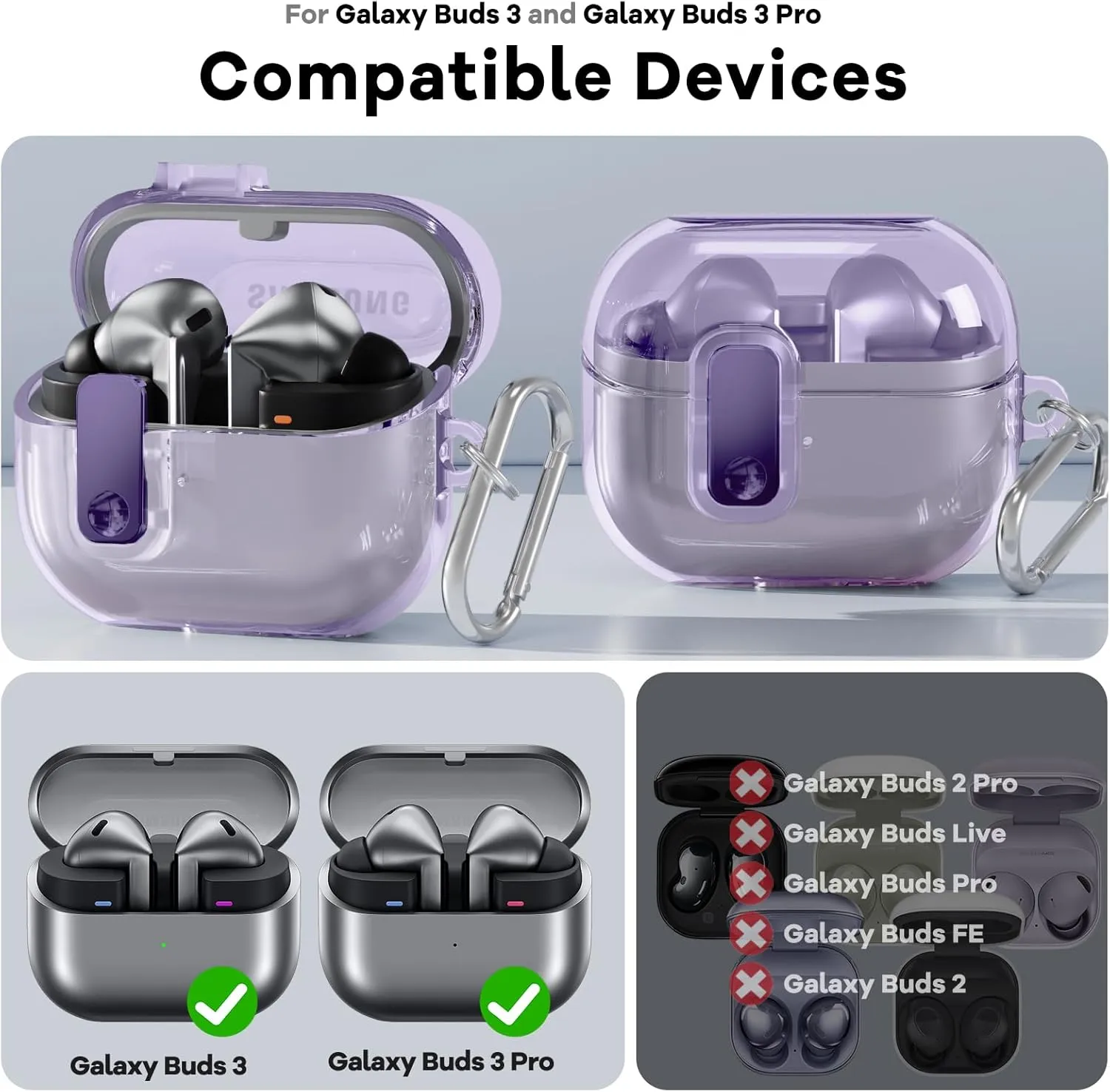 Samsung Galaxy Buds3 Case & Galaxy Buds 3 Pro Case Cover |Anti-drop Anti-scratch Lock Clip Flexible TPU Clear Protection Case with Carabiner-Purple