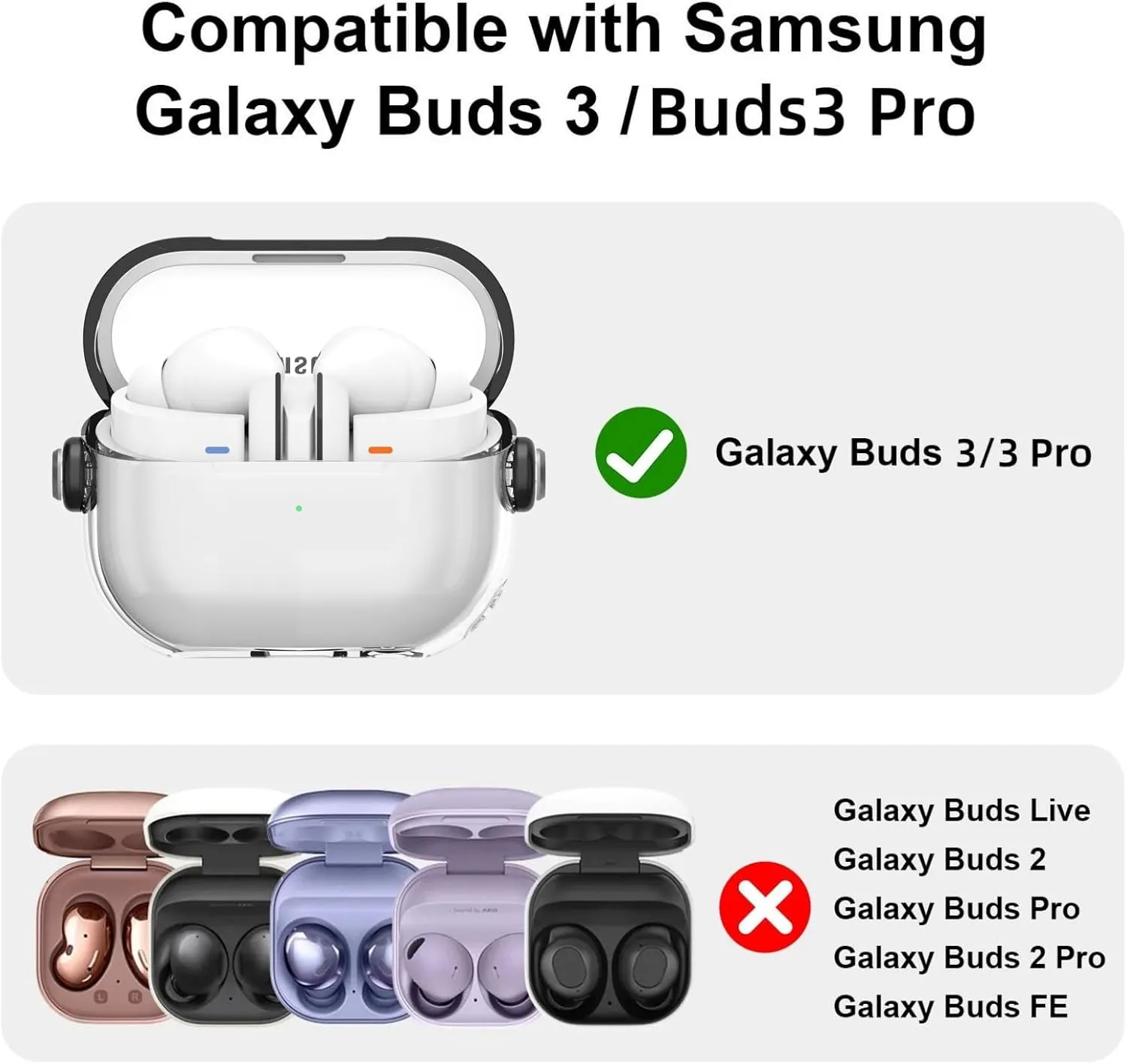 Samsung Galaxy Buds3 Case & Galaxy Buds 3 Pro Case Cover |, Holder Clip Shockproof Flexible TPU Protection Case with Carabiner- Black