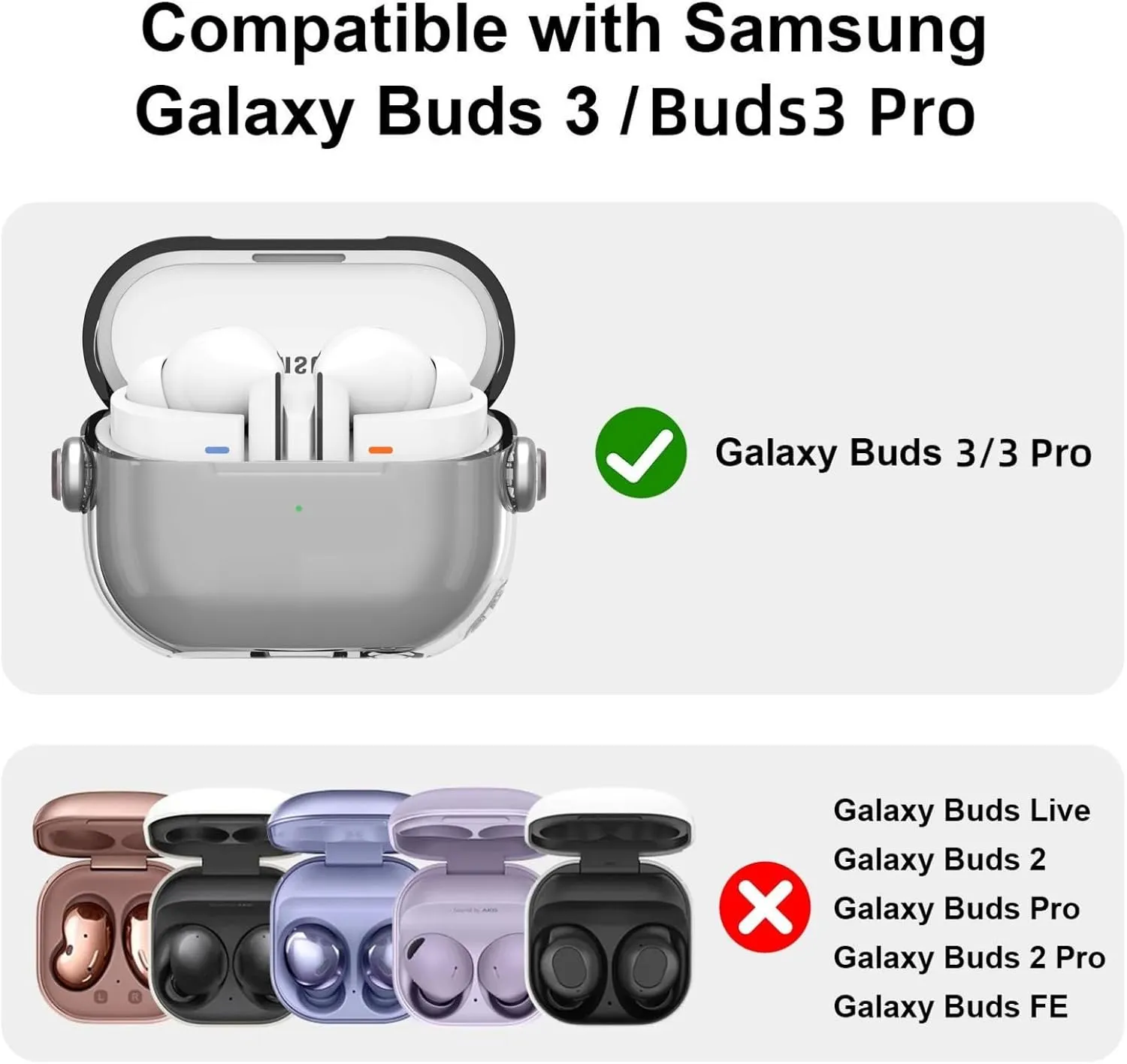 Samsung Galaxy Buds3 Case & Galaxy Buds 3 Pro Case Cover |, Holder Clip Shockproof Flexible TPU Protection Case with Carabiner- Grey