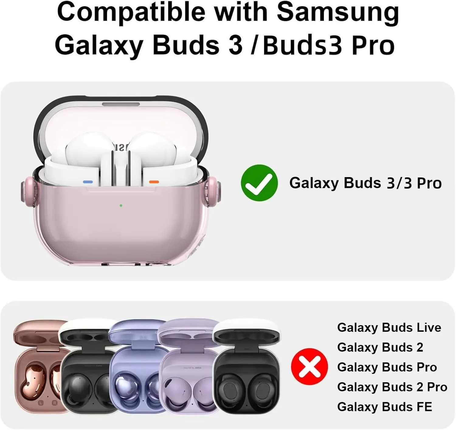 Samsung Galaxy Buds3 Case & Galaxy Buds 3 Pro Case Cover |, Holder Clip Shockproof Flexible TPU Protection Case with Carabiner- Light Pink