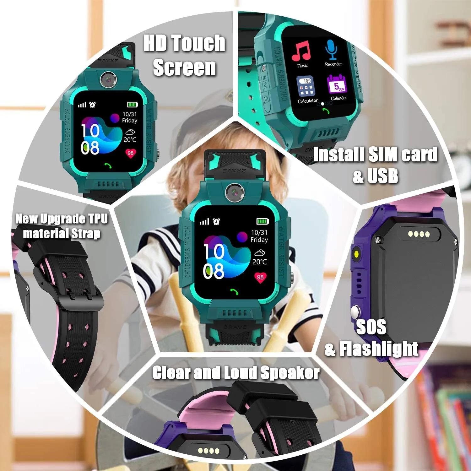 Smart Watch Phone Kids - Children Smartwatch Boys Girls with SOS Need 2G SIM to Call, 14 Puzzle Games Music MP3 MP4 HD Selfie Camera Calculator Alarms Timer Pedometer for Boys Girls Students,Black